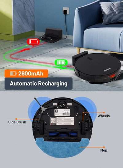 GEEPAS 2 In 1 Wet & Dry Robot Vacuum Cleaner Gyro Navigation, TUYA App Control 4 Cleaning Modes 2600 mAh Battery & Auto Recharge Adjustable Levels, Remote Control GRVC19057 11.4 W GRVC19057 Black 11.4 W GRVC19057 Black-3