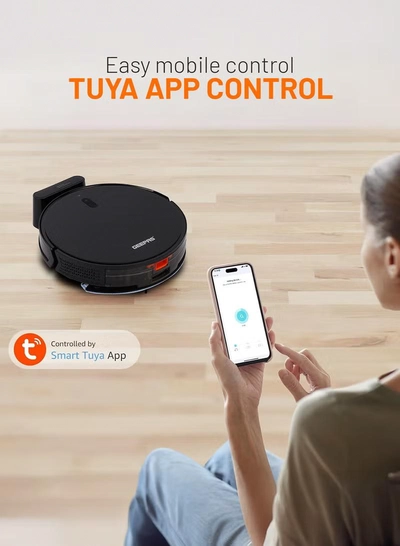 GEEPAS 2 In 1 Wet & Dry Robot Vacuum Cleaner Gyro Navigation, TUYA App Control 4 Cleaning Modes 2600 mAh Battery & Auto Recharge Adjustable Levels, Remote Control GRVC19057 11.4 W GRVC19057 Black 11.4 W GRVC19057 Black-2