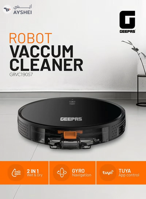 GEEPAS 2 In 1 Wet & Dry Robot Vacuum Cleaner Gyro Navigation, TUYA App Control 4 Cleaning Modes 2600 mAh Battery & Auto Recharge Adjustable Levels, Remote Control GRVC19057 11.4 W GRVC19057 Black 11.4 W GRVC19057 Black
