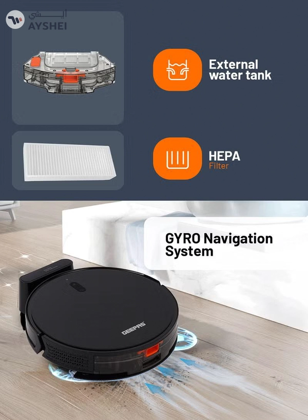 GEEPAS 2 In 1 Wet & Dry Robot Vacuum Cleaner Gyro Navigation, TUYA App Control 4 Cleaning Modes 2600 mAh Battery & Auto Recharge Adjustable Levels, Remote Control GRVC19057 11.4 W GRVC19057 Black 11.4 W GRVC19057 Black