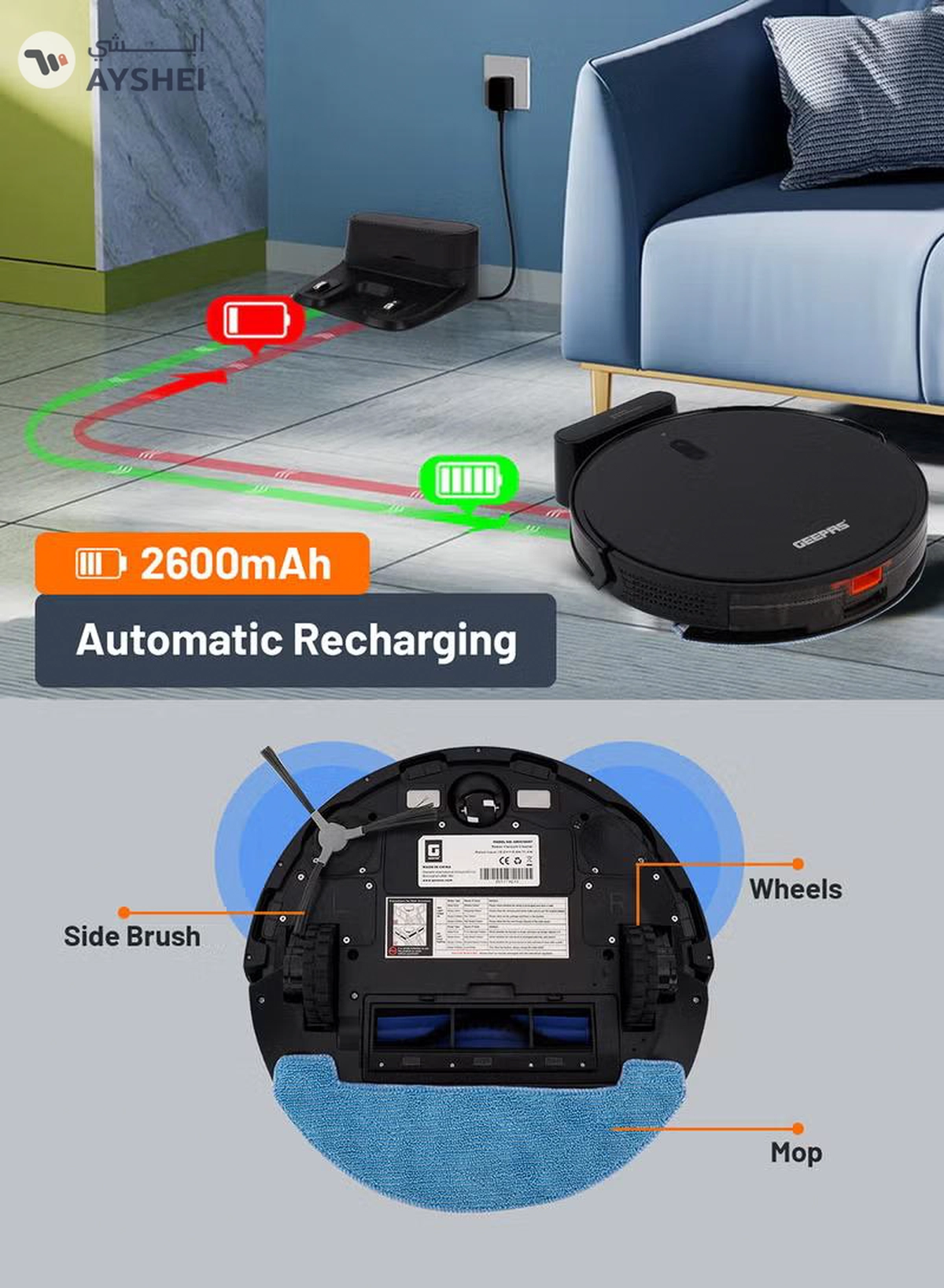 GEEPAS 2 In 1 Wet & Dry Robot Vacuum Cleaner Gyro Navigation, TUYA App Control 4 Cleaning Modes 2600 mAh Battery & Auto Recharge Adjustable Levels, Remote Control GRVC19057 11.4 W GRVC19057 Black 11.4 W GRVC19057 Black-3-3
