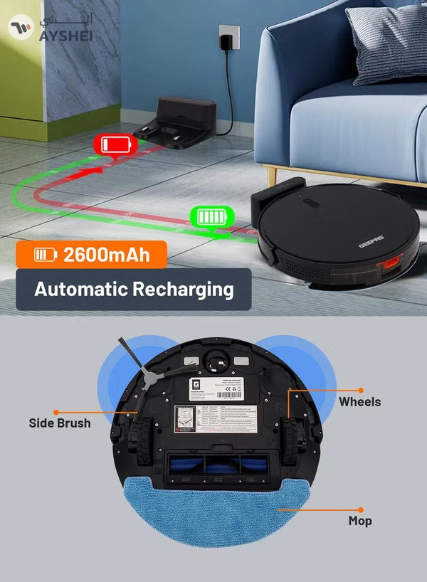 GEEPAS 2 In 1 Wet & Dry Robot Vacuum Cleaner Gyro Navigation, TUYA App Control 4 Cleaning Modes 2600 mAh Battery & Auto Recharge Adjustable Levels, Remote Control GRVC19057 11.4 W GRVC19057 Black 11.4 W GRVC19057 Black