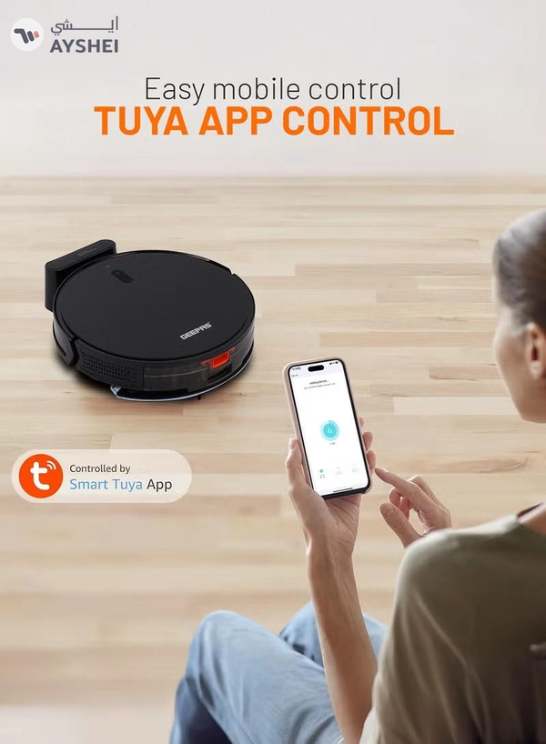 GEEPAS 2 In 1 Wet & Dry Robot Vacuum Cleaner Gyro Navigation, TUYA App Control 4 Cleaning Modes 2600 mAh Battery & Auto Recharge Adjustable Levels, Remote Control GRVC19057 11.4 W GRVC19057 Black 11.4 W GRVC19057 Black