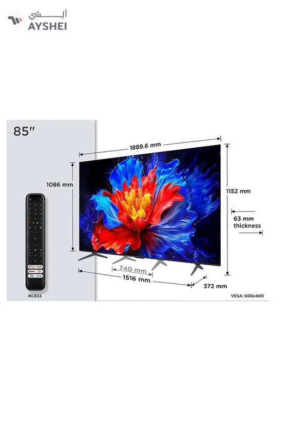 TCL 85-Inch P8K QLED 4K UHD Smart TV | Google TV, 144Hz, HDR10+, AiPQ Pro Processor, ONKYO 2.1 Audio, Dolby Atmos, DTS Virtual:X, Slim Uni-body (2025 Model) 85P8K black