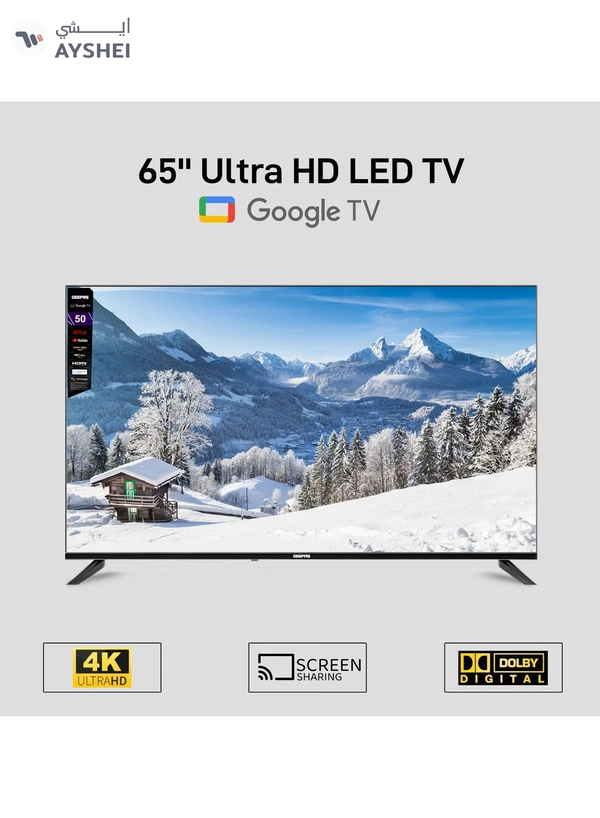 Geepas 65'' 4K UHD, Google, Smart HDMI LED TV With Bluetooth, 2 USB, 4 HDMI Connectivity, WIFI, Screen Sharing, Wall Mount Bracket, Remote Control, 16:9 Aspect Ratio, Wide Color Enhancer, WIFI