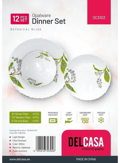 Delcasa DC3303 Botanical Bliss Opalware Dinner Set 12-Pieces, White/Green-6