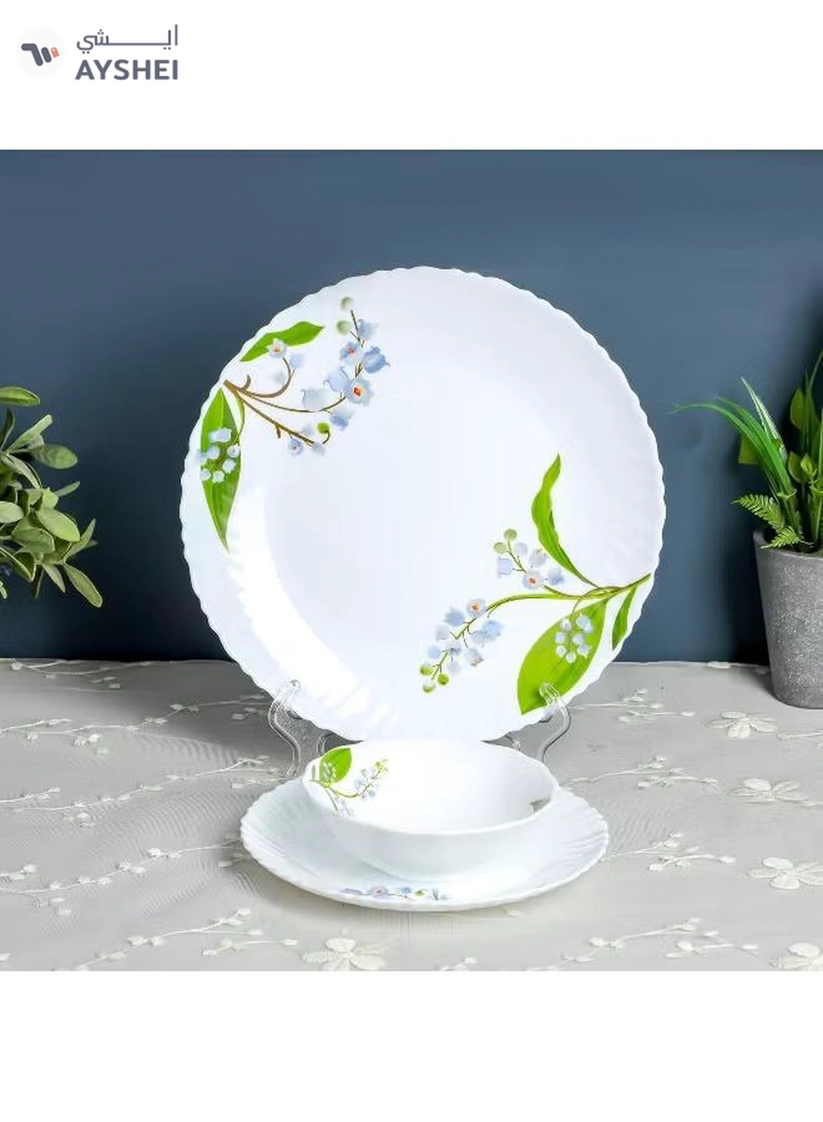 Delcasa DC3303 Botanical Bliss Opalware Dinner Set 12-Pieces, White/Green-2-2