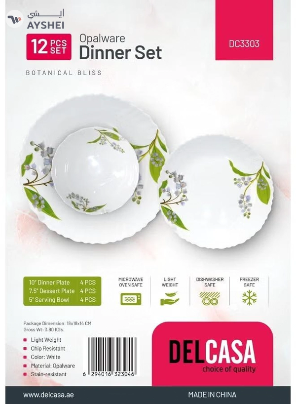 Delcasa DC3303 Botanical Bliss Opalware Dinner Set 12-Pieces, White/Green