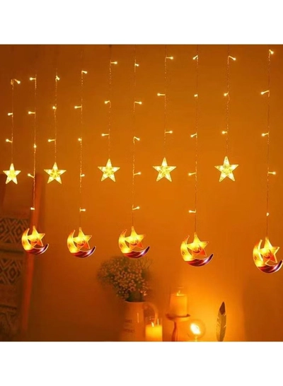 Yuwell 3.5M Ramadan Light For Home Decoration Multimode Operated Decorative Light Moon And Star Design Ramadan Curtain Light Warm White-0