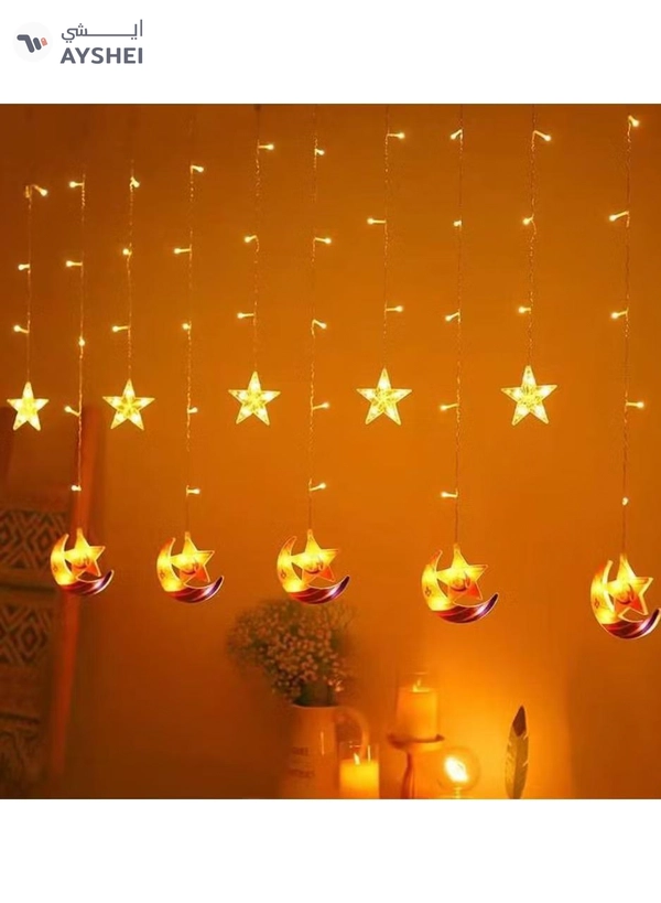 Yuwell 3.5M Ramadan Light For Home Decoration Multimode Operated Decorative Light Moon And Star Design Ramadan Curtain Light Warm White