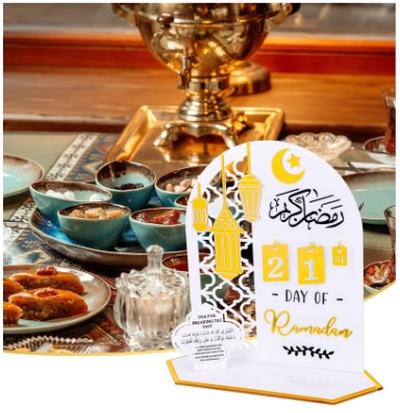 Eworld Ramadan Wooden Advent Calendar, Elegant Countdown Decoration with Acrylic Craft Ornaments -2