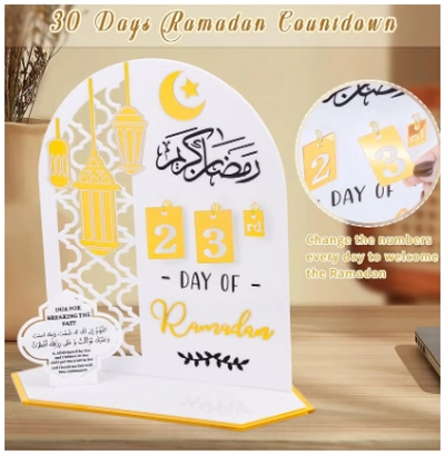 Eworld Ramadan Wooden Advent Calendar, Elegant Countdown Decoration with Acrylic Craft Ornaments -5