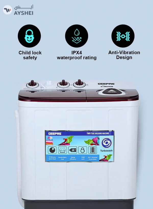 GEEPAS TwinTub Semi- Automatic 7 Kg Washing Machine | Top Load Semi Automatic Washing Machine Quick Turbo Wash |Transparent Top Lid 7 kg 350 W GSWM18041 White/Grey/Meroon 7 kg 350 W GSWM18041 White/Grey/Meroon