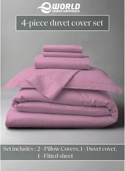 Premium Striped Duvet Set All Season – 4-Pieces Set Pink | King Size 220x240 cm | Ultra-Soft, Wrinkle-Resistant & Made in Dubai | Includes Duvet Cover, Fitted Sheet (200x200 cm) & 2 Pillowcases (50x70 cm)-1