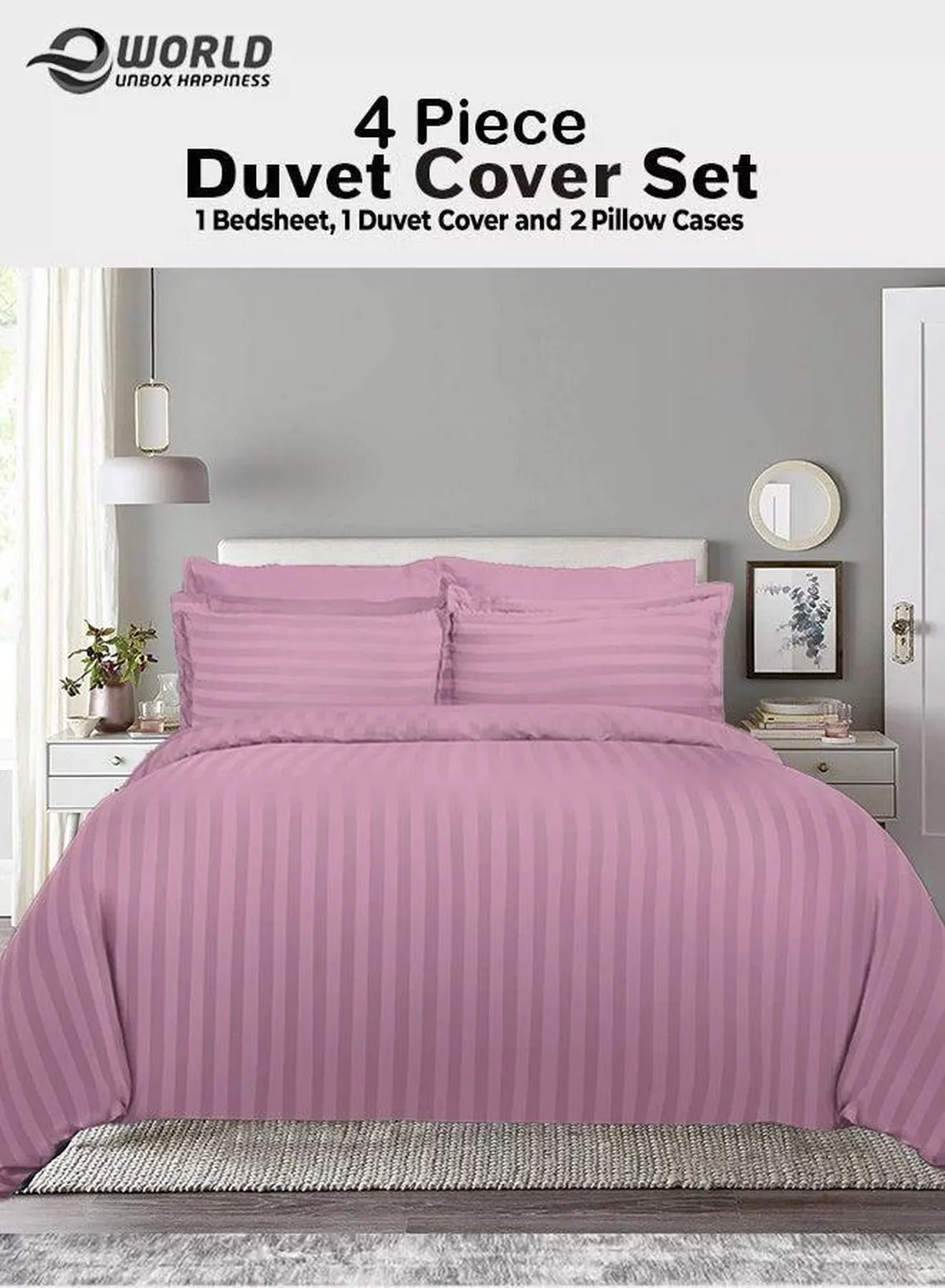 Premium Striped Duvet Set All Season – 4-Pieces Set Pink | King Size 220x240 cm | Ultra-Soft, Wrinkle-Resistant & Made in Dubai | Includes Duvet Cover, Fitted Sheet (200x200 cm) & 2 Pillowcases (50x70 cm)