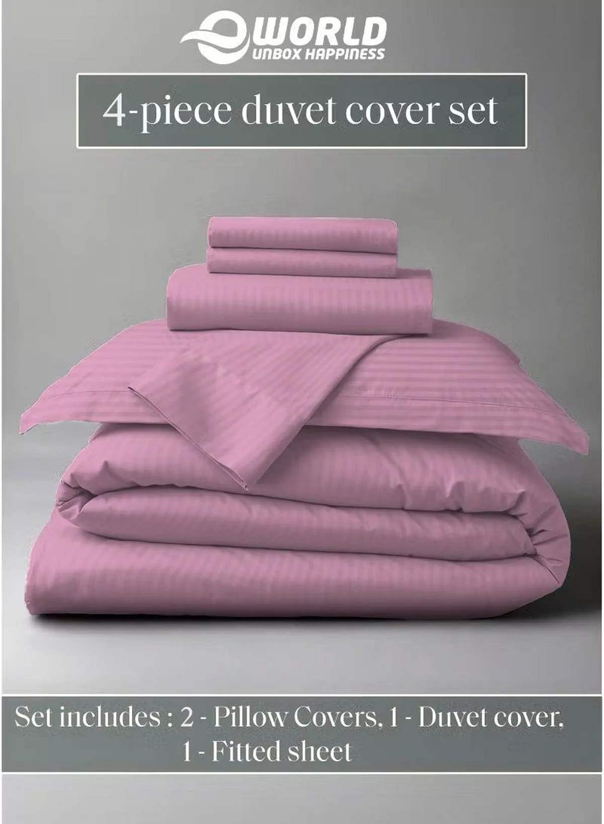 Premium Striped Duvet Set All Season – 4-Pieces Set Pink | King Size 220x240 cm | Ultra-Soft, Wrinkle-Resistant & Made in Dubai | Includes Duvet Cover, Fitted Sheet (200x200 cm) & 2 Pillowcases (50x70 cm)-1-1