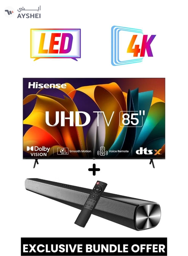Hisense 85-Inch A61N 4K UHD LED Smart TV + Powerful 2.0 Ch Soundbar | VIDAA Smart OS, 60 Hz, HDR10, 4K AI Upscaling, Direct Full Array | USB, HDMI ARC, Bluetooth - 85A61N+SOUNDBAR (2024) 85A61N+SOUNDBAR black