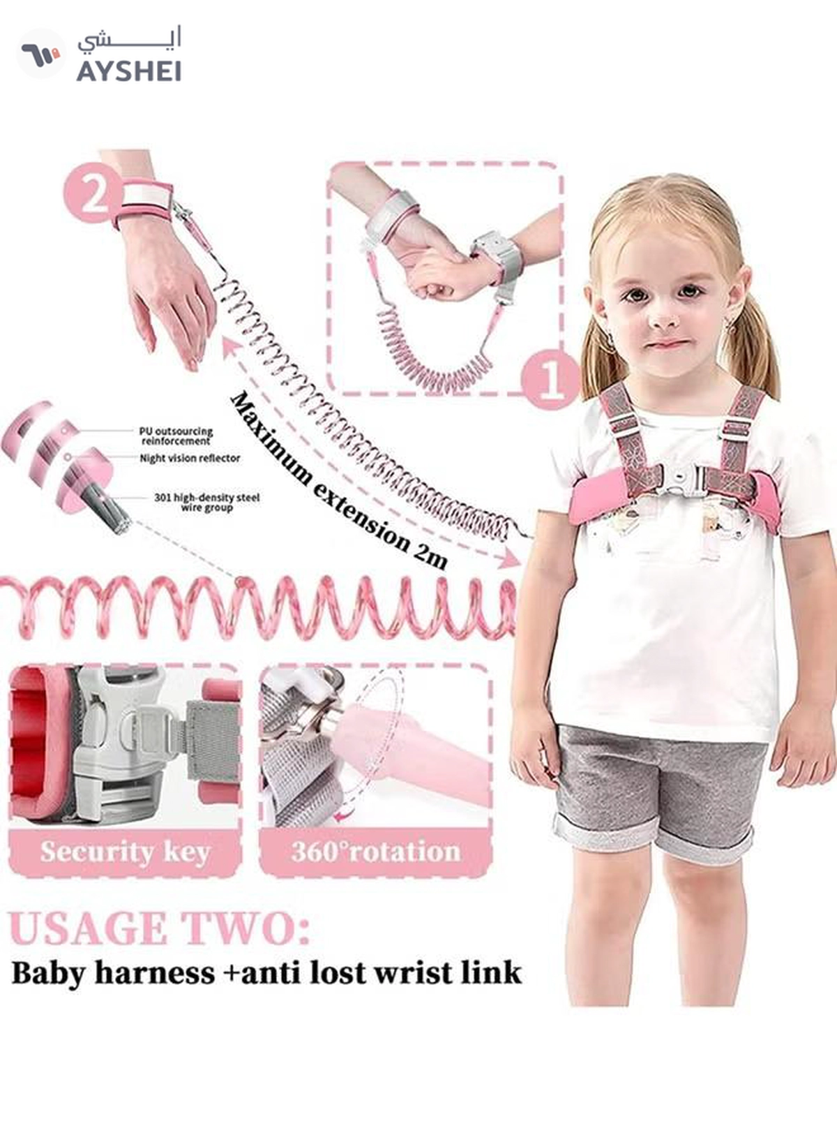 ORiTi Child Kids Safety Harness Anti Lost Wrist Link Assistant Strap Belt For Girl, Pink-3-3