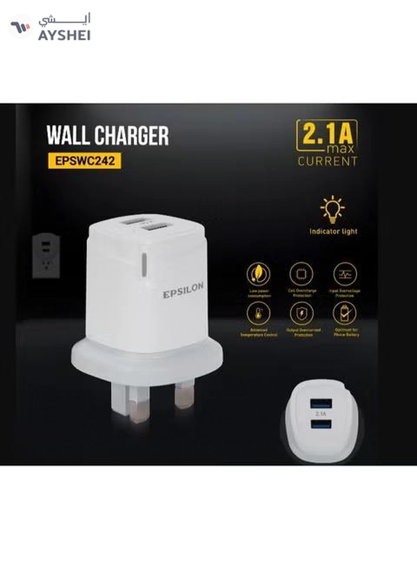 Epsilon Wall Charger- Dual USB Ports, 2.1A Max Current/ Smart Charging with Protection