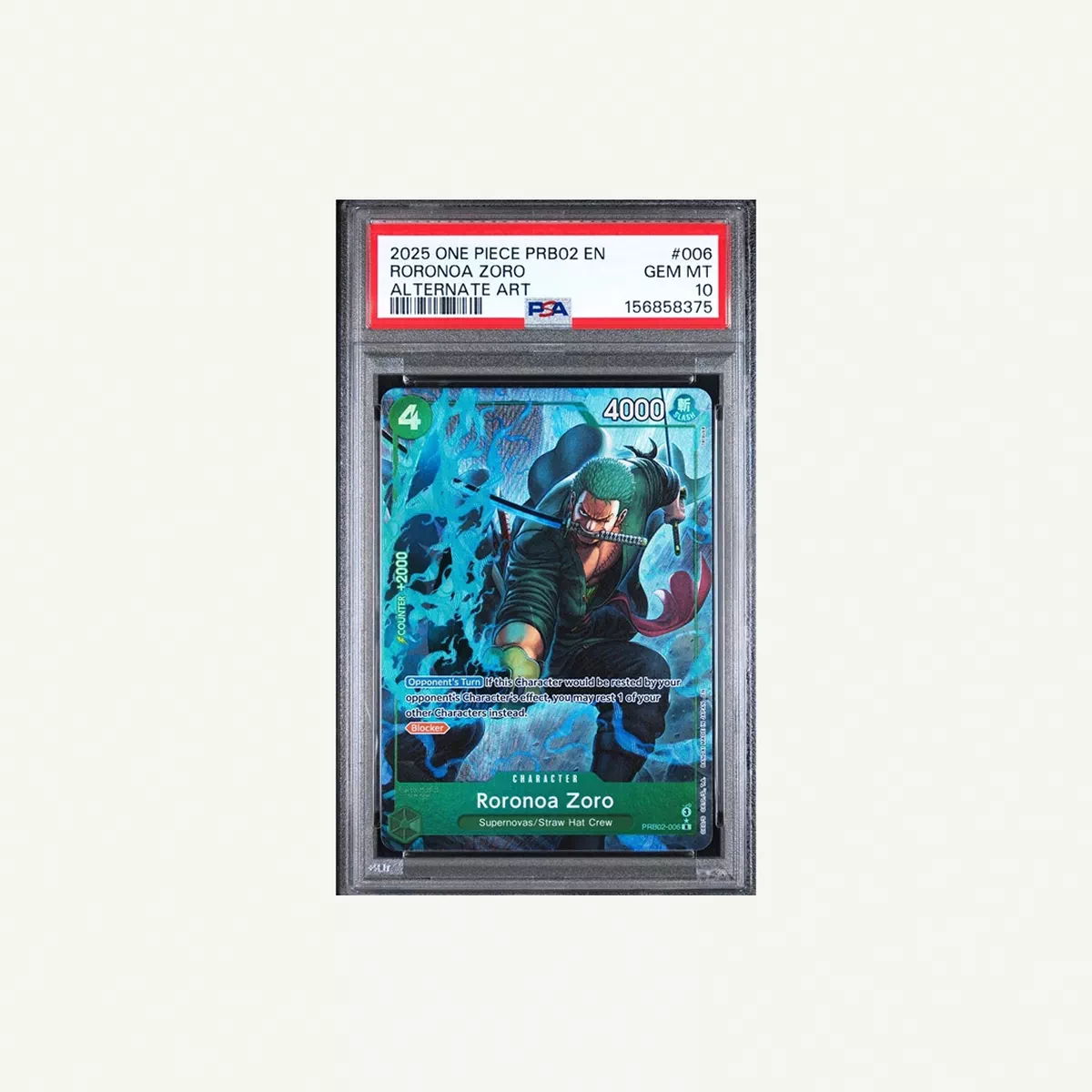 2025 One Piece Roronoa Zoro #006 Alternate Art (PRB02), graded PSA Gem Mint 10-0-0