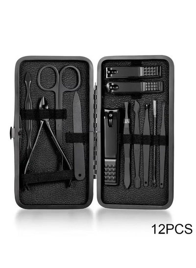 ORiTi 12 PCS Classic Black Manicure Set Hand Feet Facial Stainless Steel Accessories, 5 Choices-0