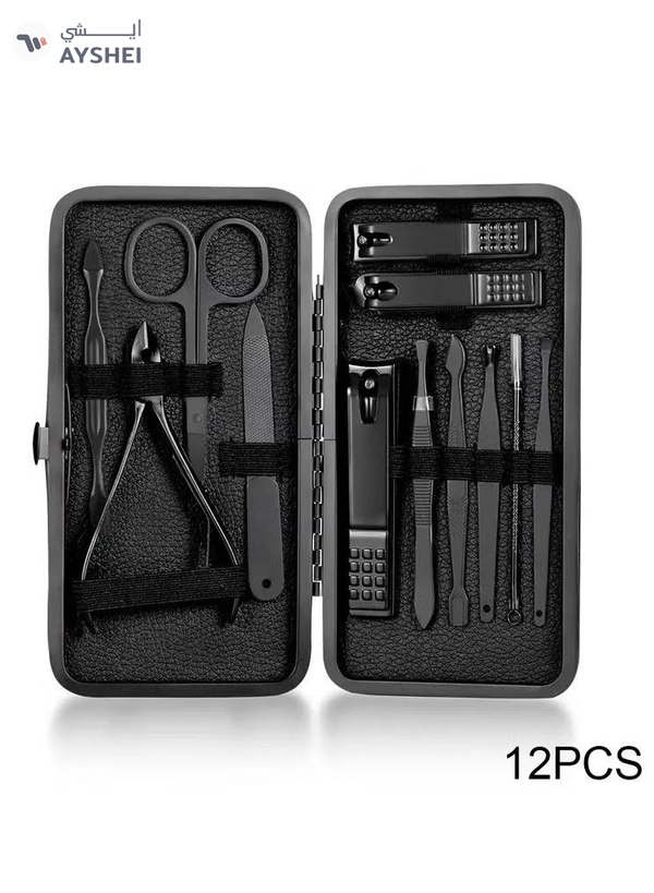 ORiTi 12 PCS Classic Black Manicure Set Hand Feet Facial Stainless Steel Accessories, 5 Choices