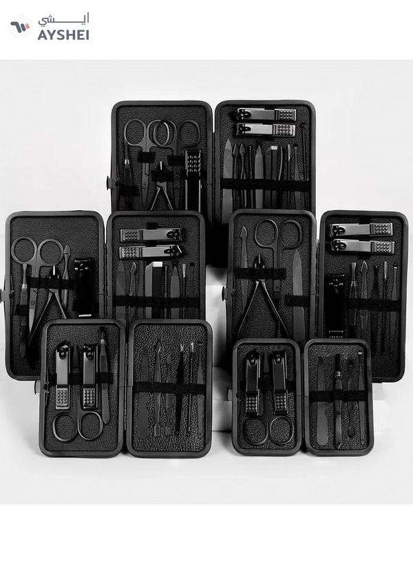 ORiTi 12 PCS Classic Black Manicure Set Hand Feet Facial Stainless Steel Accessories, 5 Choices