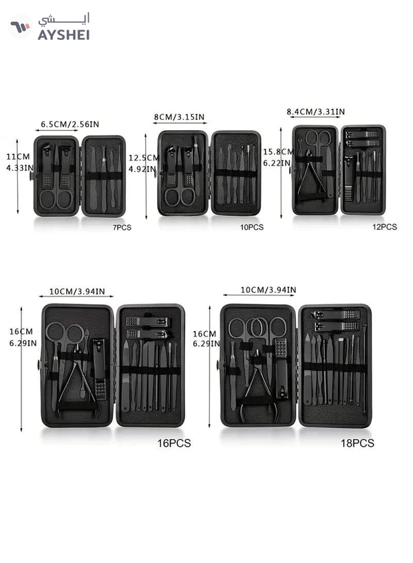 ORiTi 12 PCS Classic Black Manicure Set Hand Feet Facial Stainless Steel Accessories, 5 Choices