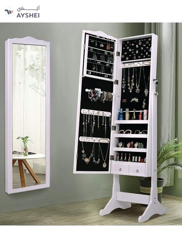 DubaiGallery Jewelry Cabinet Armoire Large Storage Lockable Organizer with Frameless Free Standing Dressing Mirror