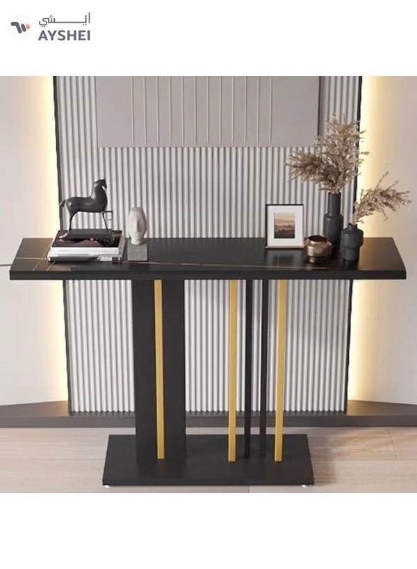DubaiGallery Sleek Black Modern Console Table with Gold Metallic Elements designed to transform hallways and living areas, offering a durable tabletop, clean lines, and contemporary style that blends seamlessly into elegant home décor environments.