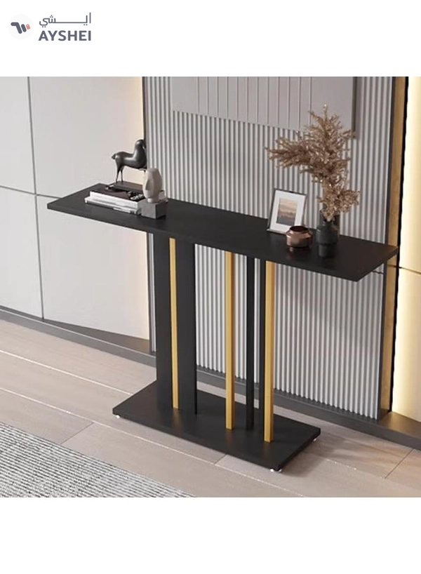 DubaiGallery Sleek Black Modern Console Table with Gold Metallic Elements designed to transform hallways and living areas, offering a durable tabletop, clean lines, and contemporary style that blends seamlessly into elegant home décor environments.