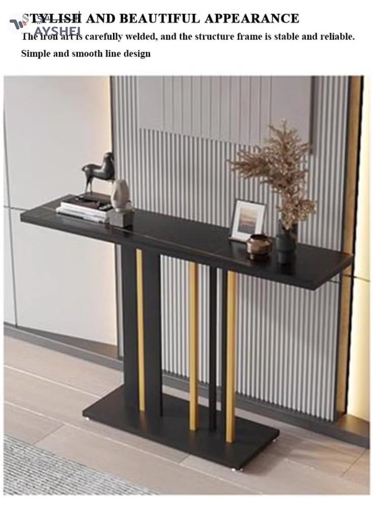 DubaiGallery Sleek Black Modern Console Table with Gold Metallic Elements designed to transform hallways and living areas, offering a durable tabletop, clean lines, and contemporary style that blends seamlessly into elegant home décor environments.-2-2