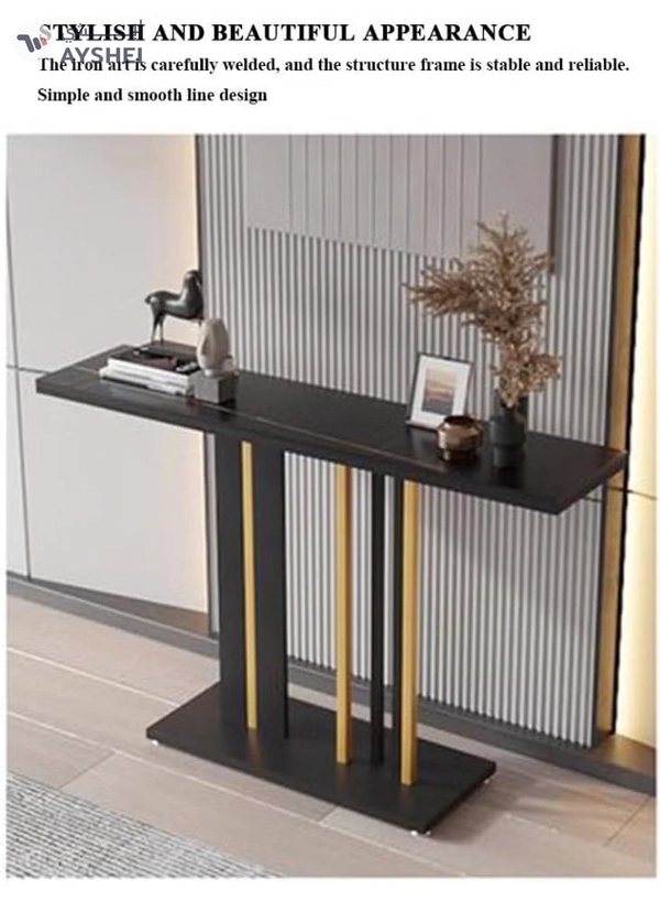 DubaiGallery Sleek Black Modern Console Table with Gold Metallic Elements designed to transform hallways and living areas, offering a durable tabletop, clean lines, and contemporary style that blends seamlessly into elegant home décor environments.