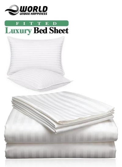 Eworld 3 Piece Luxury White Striped Bed Sheet Set with 1 Deep Pocket Fitted Sheet and 2 Pillowcases-0