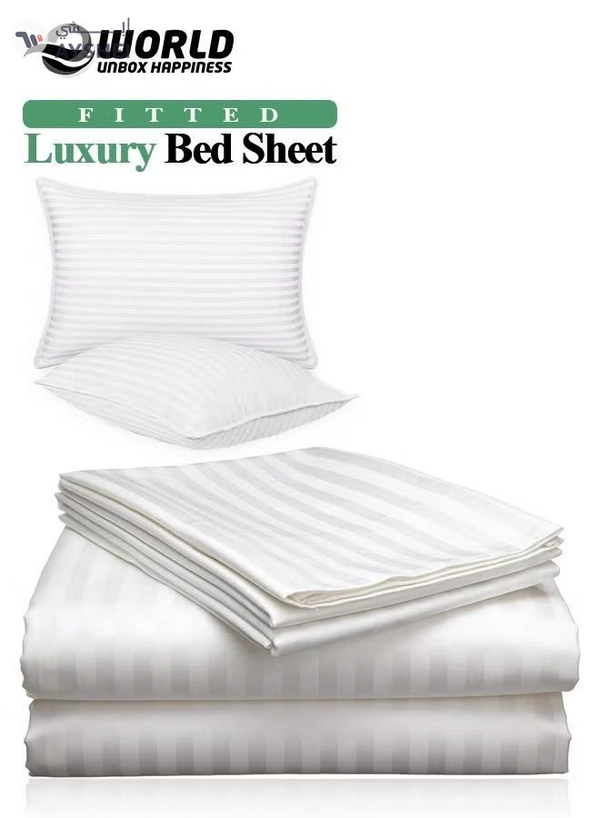 Eworld 3 Piece Luxury White Striped Bed Sheet Set with 1 Deep Pocket Fitted Sheet and 2 Pillowcases