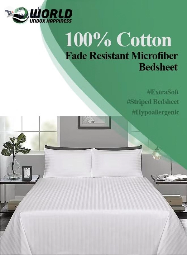 Eworld 3 Piece Luxury White Striped Bed Sheet Set with 1 Deep Pocket Fitted Sheet and 2 Pillowcases