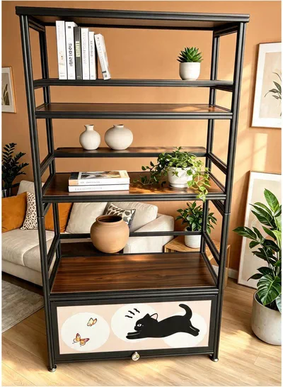 Elegant 5-Tier Industrial Storage Rack with Rich Wood-Style Shelves and Unique Cat Artwork Drawer, Strong Metal Frame Organizer for Living Room Bedroom Office, Decorative Display Stand for Plants Books Accessories and Household Items-4
