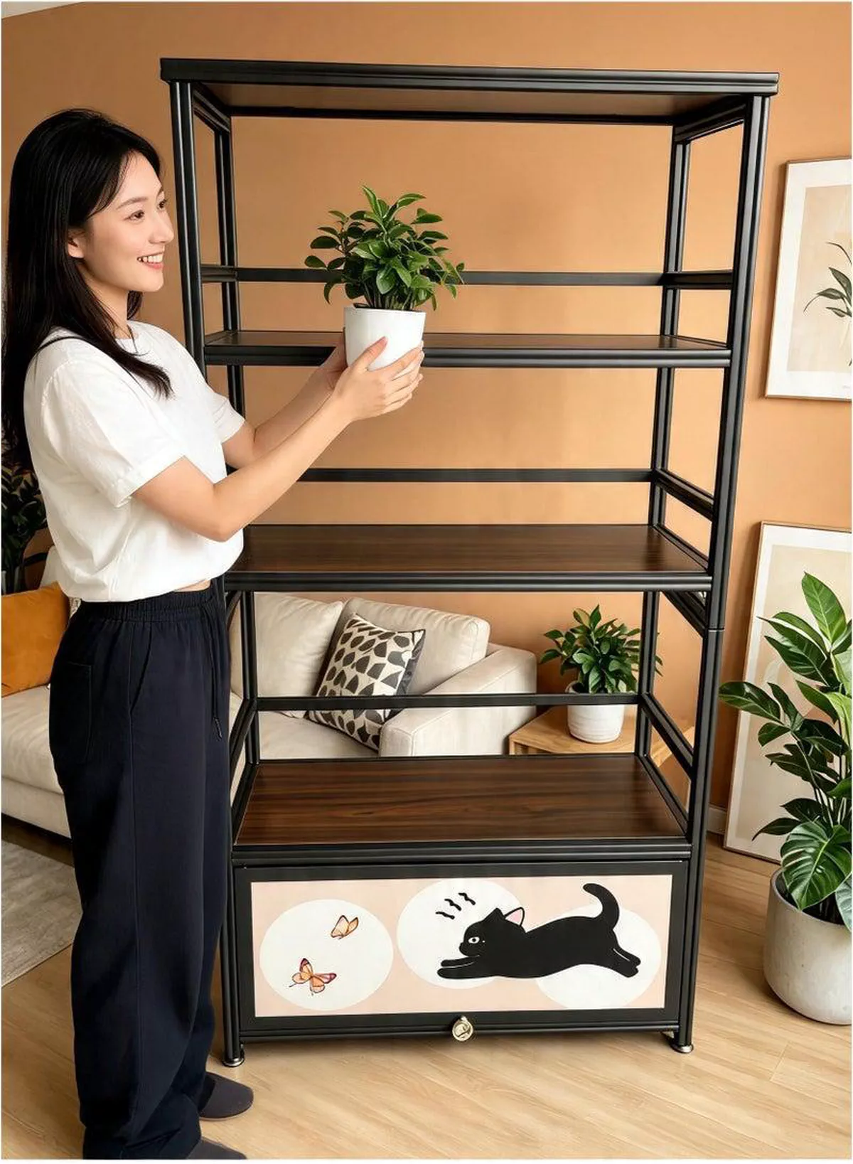 Elegant 5-Tier Industrial Storage Rack with Rich Wood-Style Shelves and Unique Cat Artwork Drawer, Strong Metal Frame Organizer for Living Room Bedroom Office, Decorative Display Stand for Plants Books Accessories and Household Items