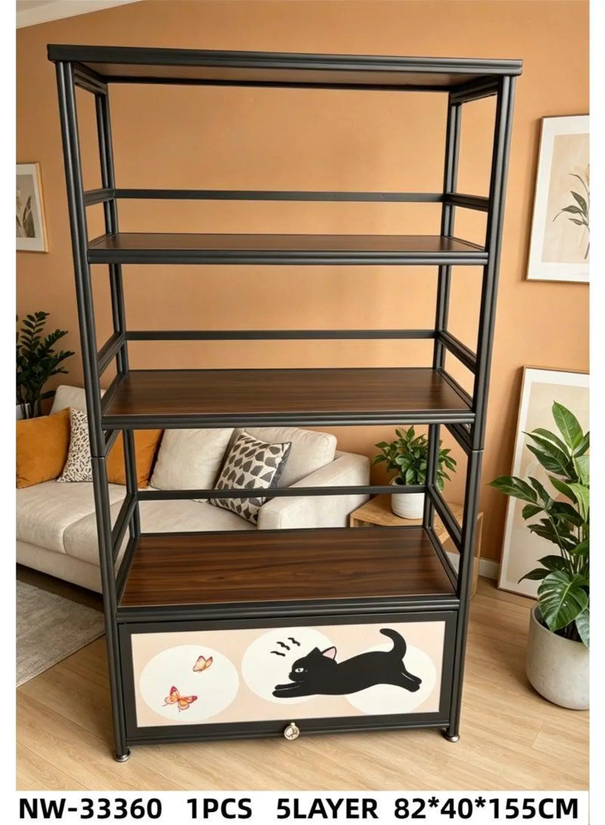 Elegant 5-Tier Industrial Storage Rack with Rich Wood-Style Shelves and Unique Cat Artwork Drawer, Strong Metal Frame Organizer for Living Room Bedroom Office, Decorative Display Stand for Plants Books Accessories and Household Items-1-1