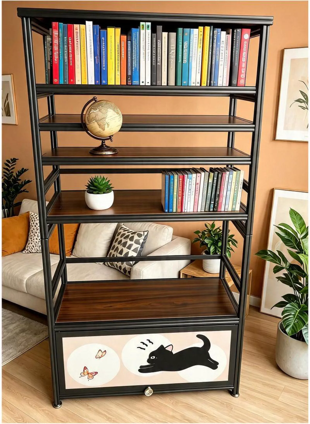 Elegant 5-Tier Industrial Storage Rack with Rich Wood-Style Shelves and Unique Cat Artwork Drawer, Strong Metal Frame Organizer for Living Room Bedroom Office, Decorative Display Stand for Plants Books Accessories and Household Items-2-2
