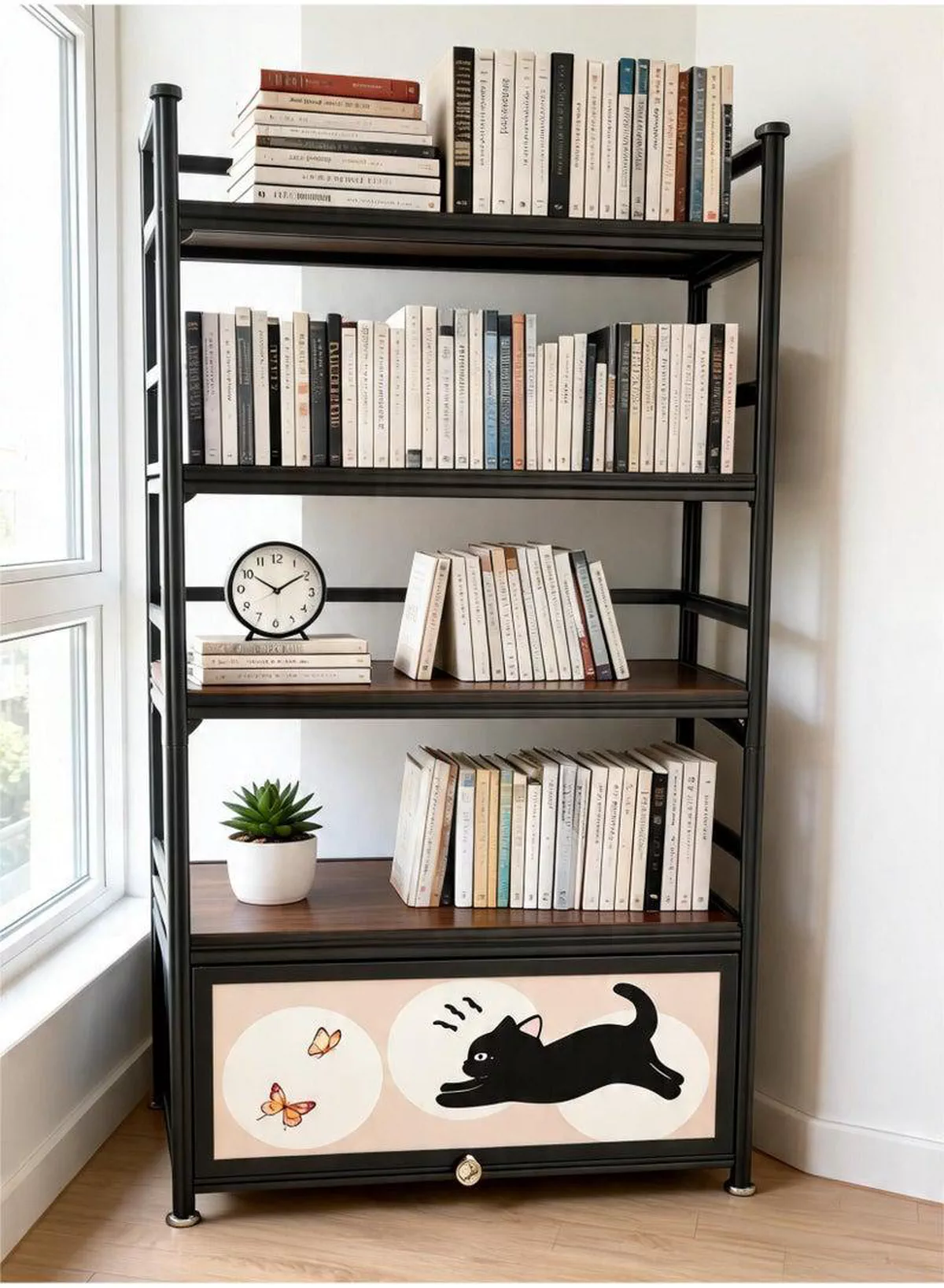 Elegant 5-Tier Industrial Storage Rack with Rich Wood-Style Shelves and Unique Cat Artwork Drawer, Strong Metal Frame Organizer for Living Room Bedroom Office, Decorative Display Stand for Plants Books Accessories and Household Items-3-3