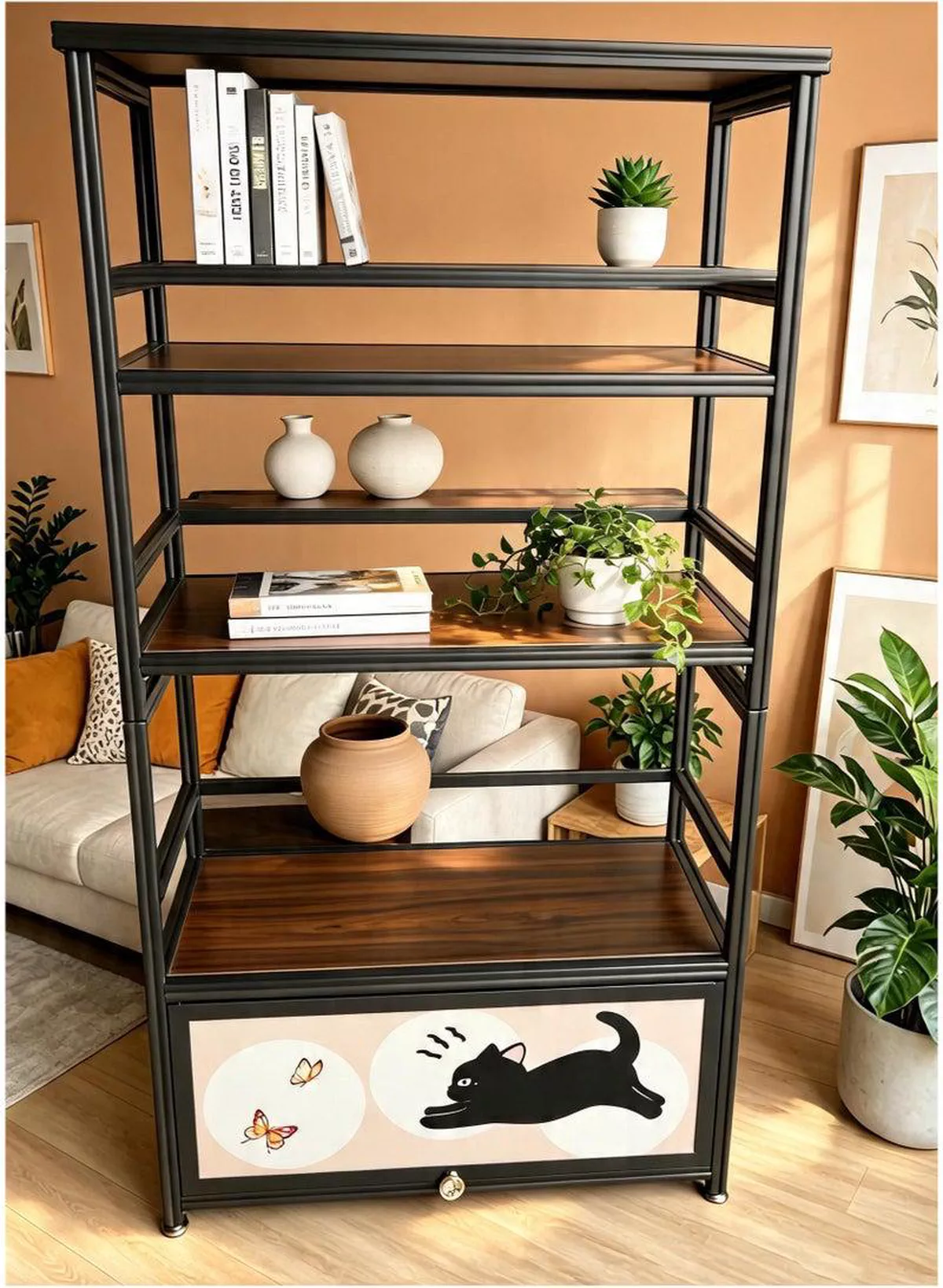 Elegant 5-Tier Industrial Storage Rack with Rich Wood-Style Shelves and Unique Cat Artwork Drawer, Strong Metal Frame Organizer for Living Room Bedroom Office, Decorative Display Stand for Plants Books Accessories and Household Items-4-4