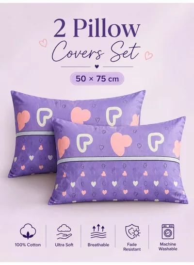 Set of 2 100% Cotton Printed Pillow Covers, Heart Pattern, 125 GSM Fabric, Soft & Breathable, Envelope Closure, Fade Resistant & Machine Washable – 50 x 75 cm-0