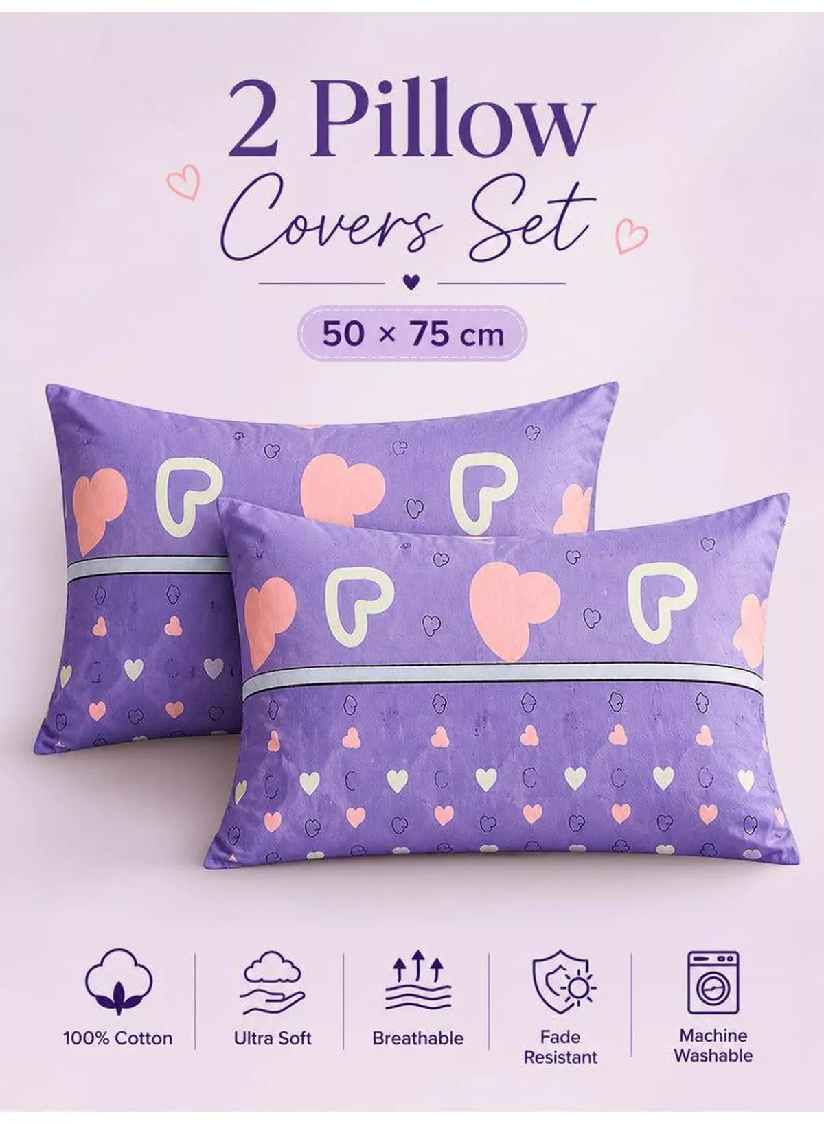 Set of 2 100% Cotton Printed Pillow Covers, Heart Pattern, 125 GSM Fabric, Soft & Breathable, Envelope Closure, Fade Resistant & Machine Washable – 50 x 75 cm