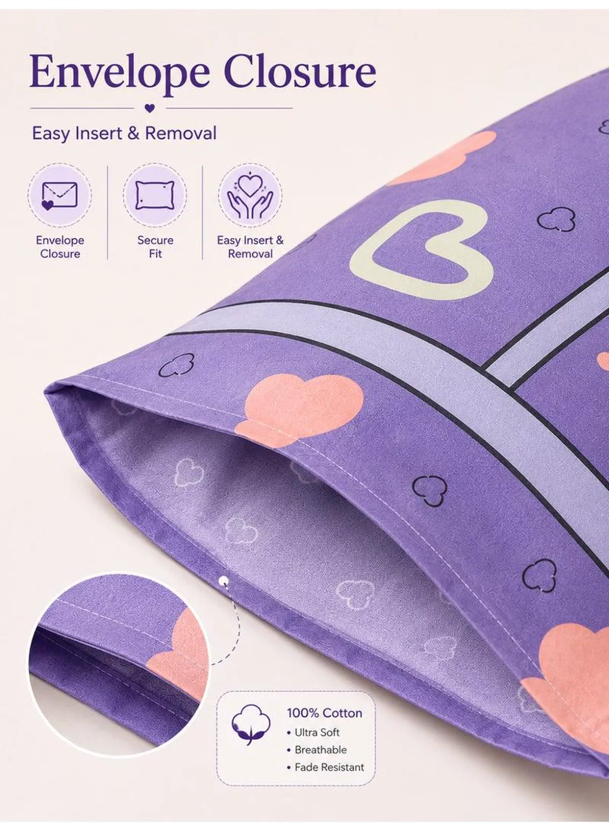 Set of 2 100% Cotton Printed Pillow Covers, Heart Pattern, 125 GSM Fabric, Soft & Breathable, Envelope Closure, Fade Resistant & Machine Washable – 50 x 75 cm-1-1