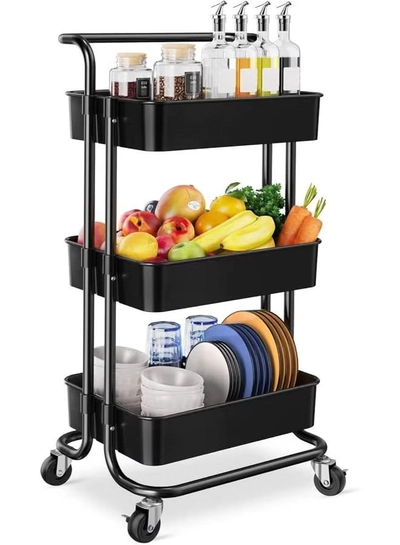 ALMUFARREJ 3-Tier Rolling Shelves Metal Cart Organizer Black 85x45x35cm-0