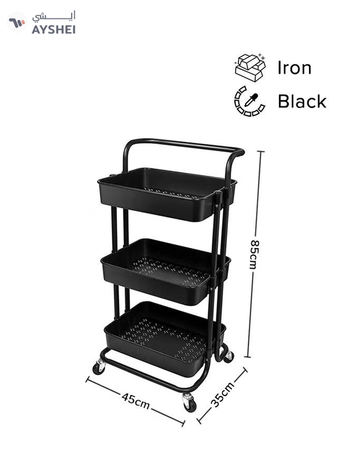 ALMUFARREJ 3-Tier Rolling Shelves Metal Cart Organizer Black 85x45x35cm-2-2