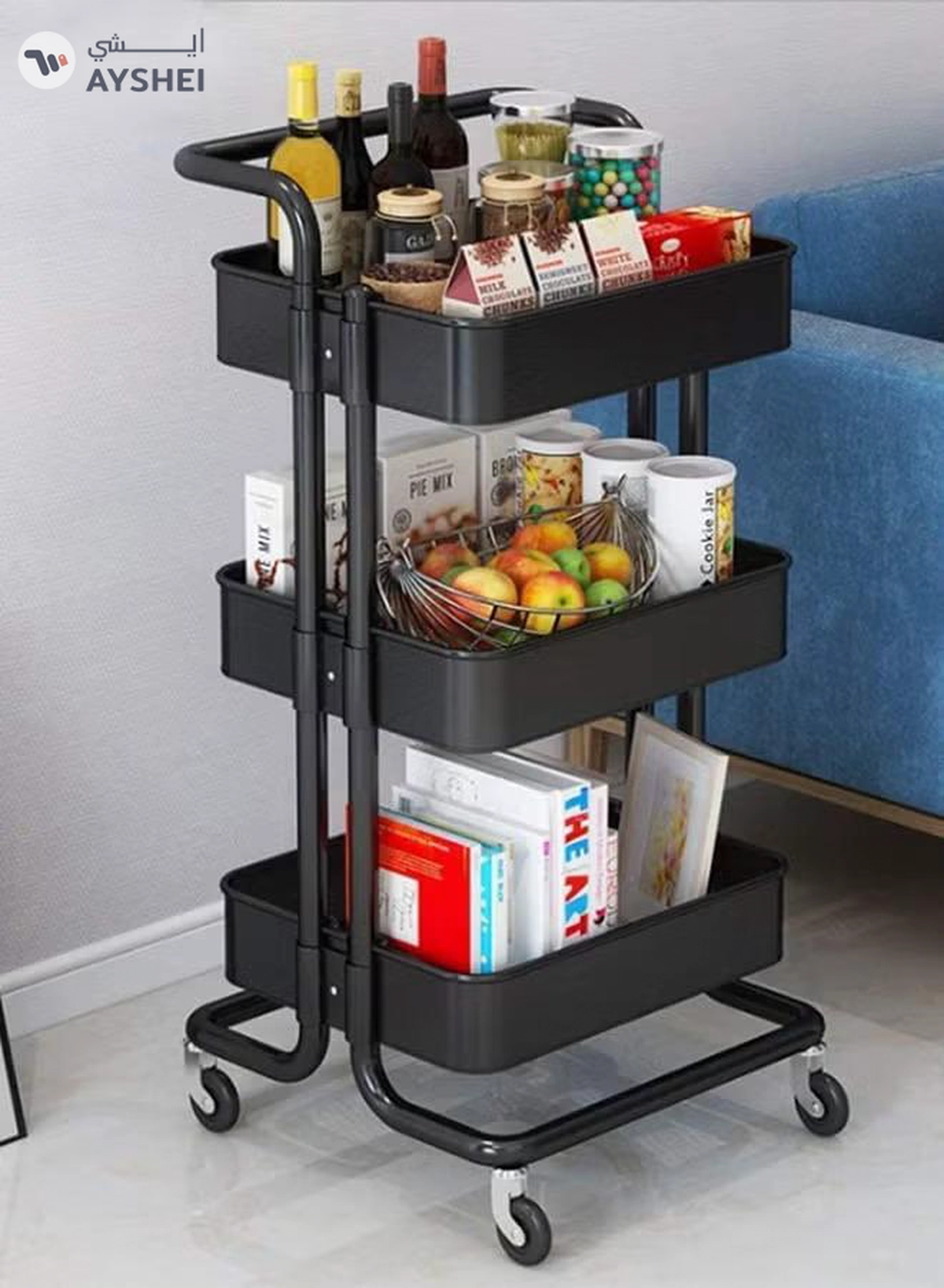 ALMUFARREJ 3-Tier Rolling Shelves Metal Cart Organizer Black 85x45x35cm-1-1
