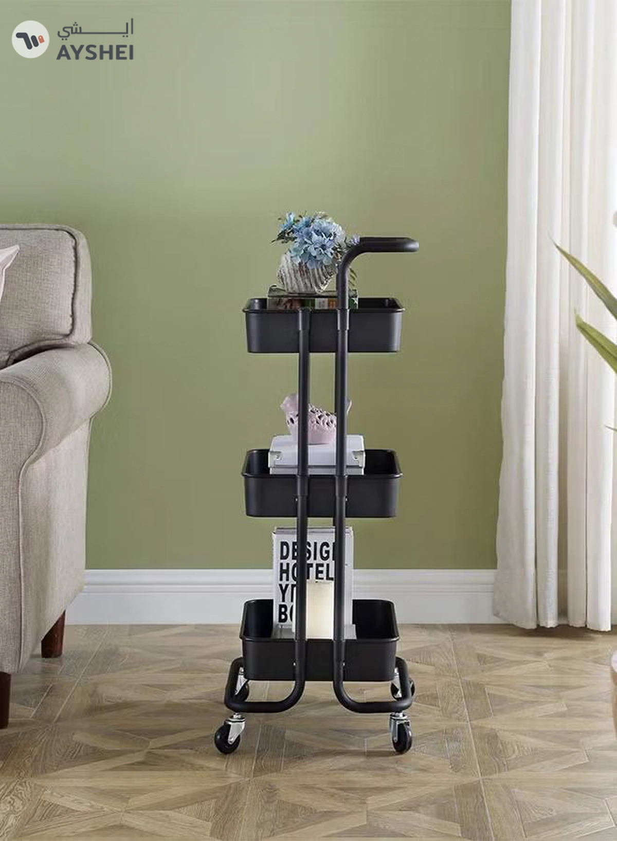 ALMUFARREJ 3-Tier Rolling Shelves Metal Cart Organizer Black 85x45x35cm-3-3