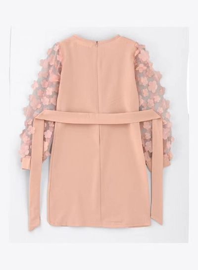 HASHQLO Flower Embellished Full Sleeve Short Dress Pink-1